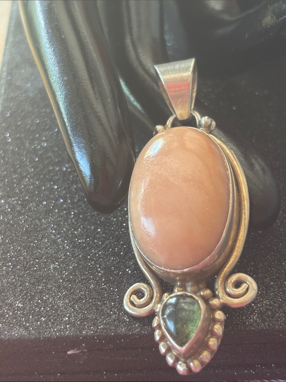 Large solid Sterling Silver angel coral tourmaline teardrop pendant